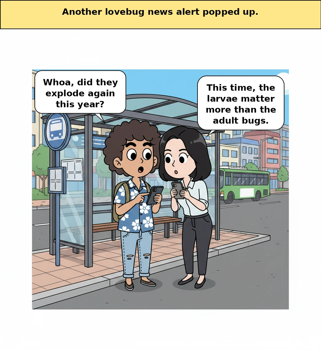 How should we read the news that lovebug larvae have spread into city areas?